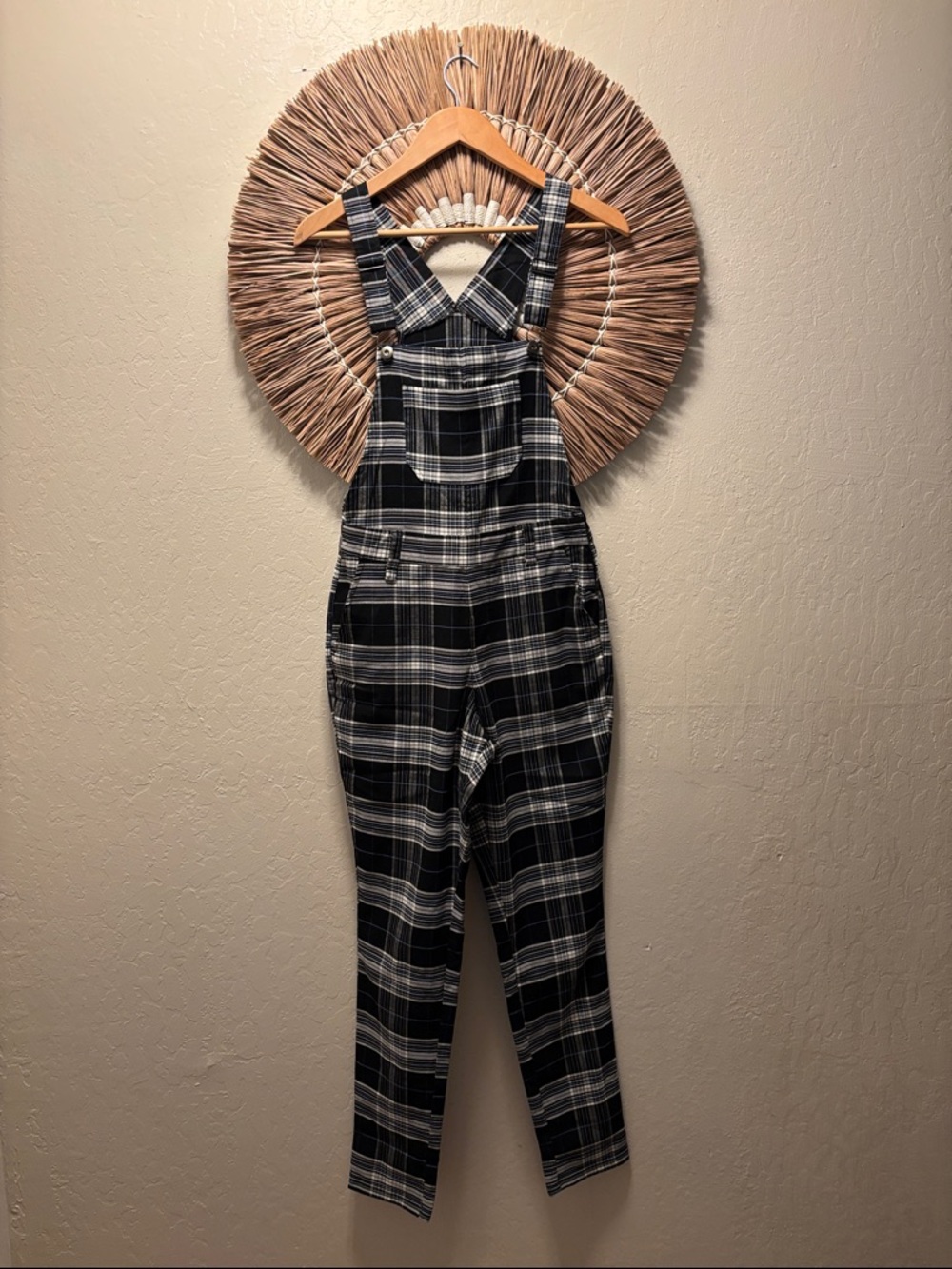 Hot Topic Black & White Plaid Overalls with Blue Pinstripe
